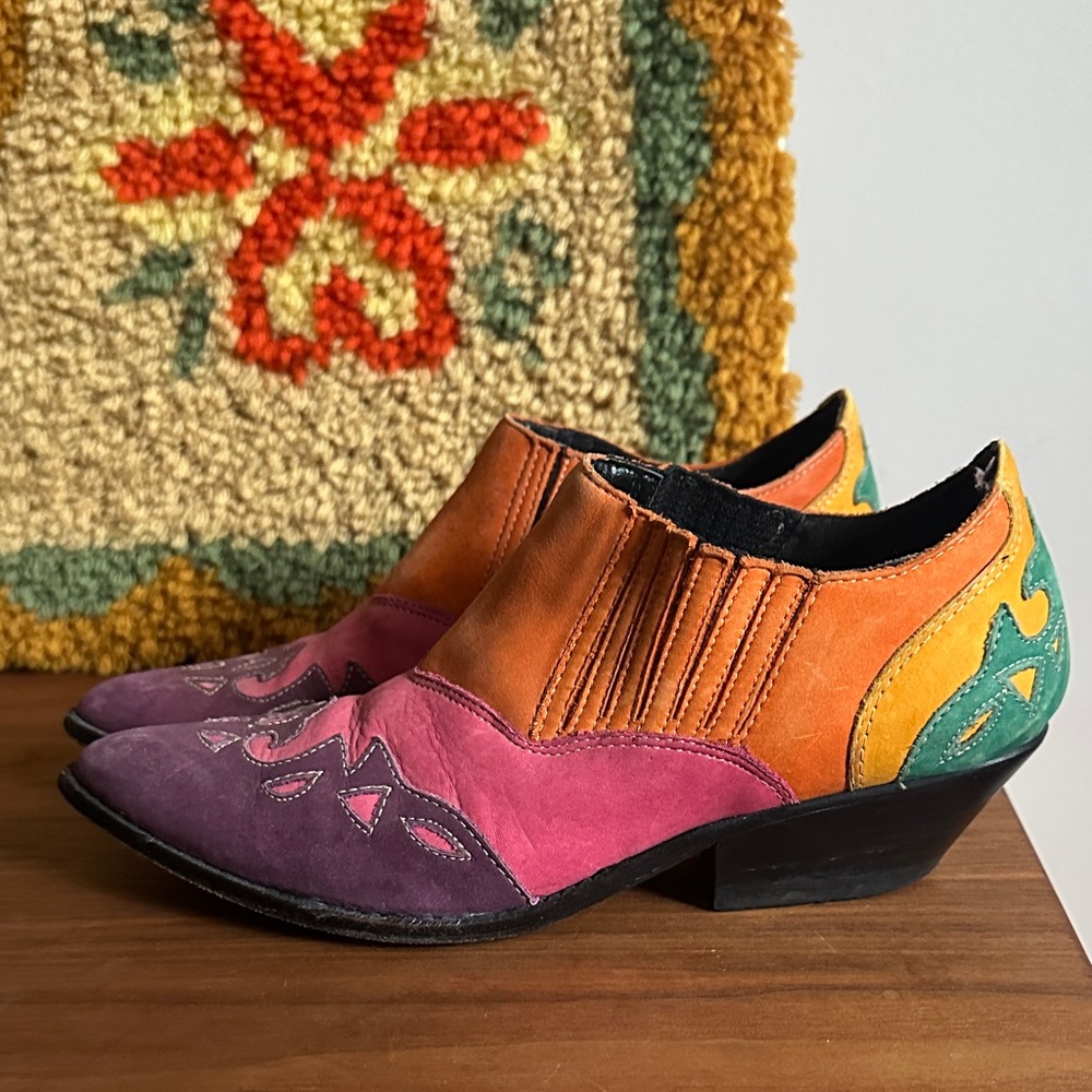 Vintage Multicolor Leather Women's Western Ankle Boots Size 7.5-8